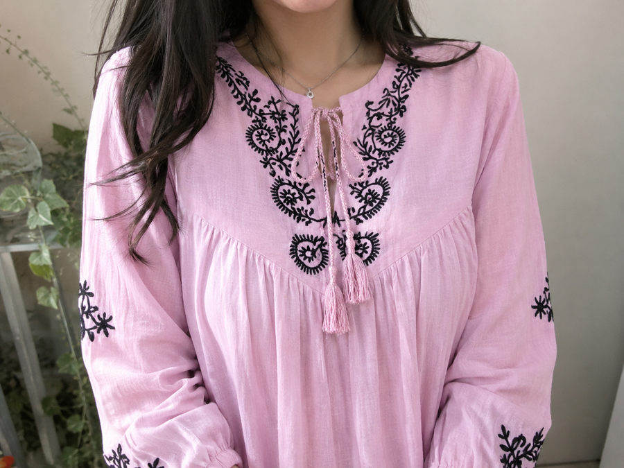 Women's Pink Embroidered Tassel Kurti | Long Sleeve Casual Ethnic Tunic Top