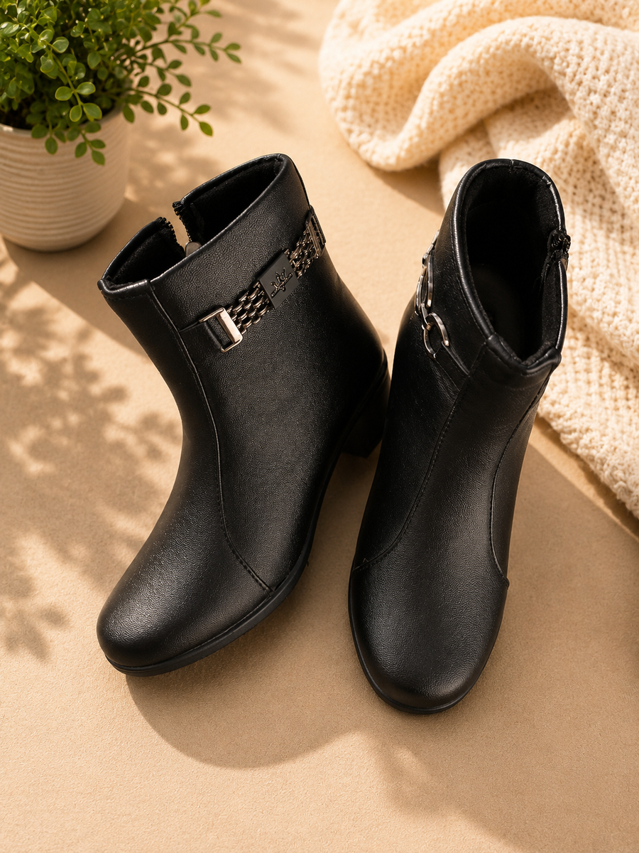 Women's Black Ankle Boots | Low Heel Side Buckle Casual Boots | Zip Closure