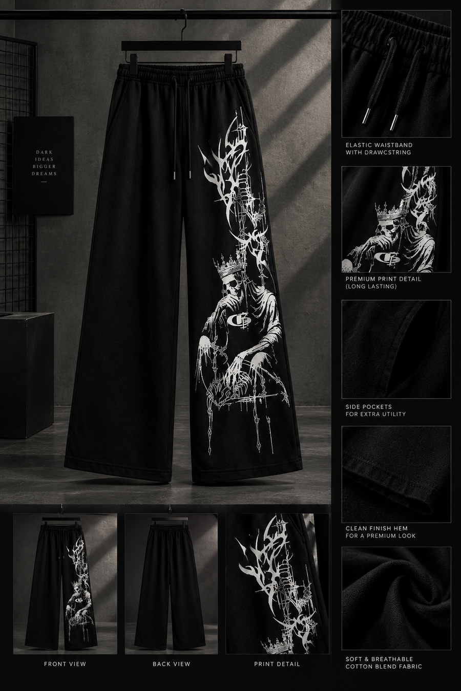 Men’s Black Gothic Graphic Wide-Leg Pants | Printed Streetwear Trousers