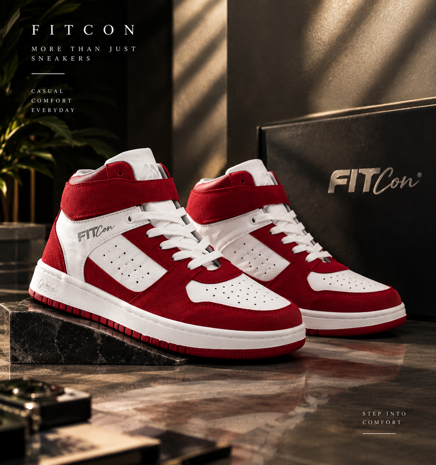 Men’s Red & White High-Top Sneakers | Stylish Lace-Up Casual Shoes | Trendy Streetwear Footwear