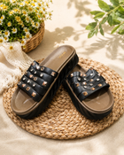Women's Beige Studded Platform Slide Sandals | Soft Cushioned Slip-On Wedge Slippers