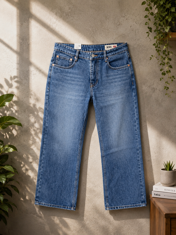 Men's Dark Wash Baggy Fit Denim Jeans displayed against a textured background with plants.