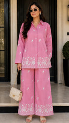 Women Pink Cotton Printed Co-Ord Set | Floral Print Full Sleeve Shirt & Palazzo Pants | Casual, Office Wear, Ethnic Co Ord Set for Women/Female