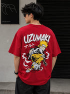Uzumaki Oversized Graphic Printed T-Shirt for Men | Half Sleeve Casual Cotton Tee | Red