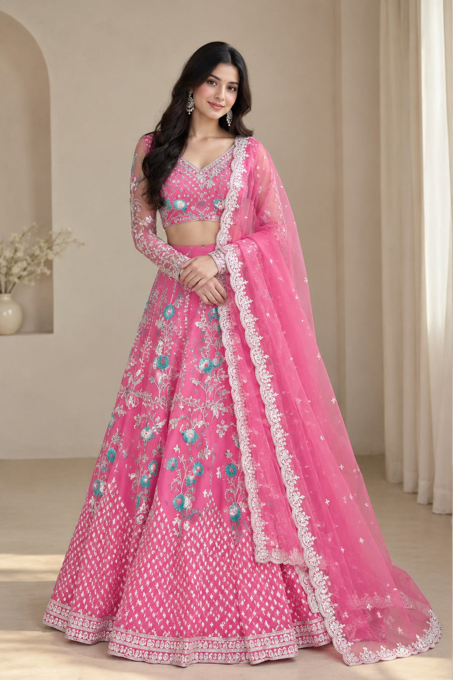 Pink embroidered lehenga choli front view