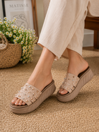 Women's Beige Studded Platform Slide Sandals | Soft Cushioned Slip-On Wedge Slippers