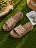 Women's Beige Studded Platform Slide Sandals | Soft Cushioned Slip-On Wedge Slippers
