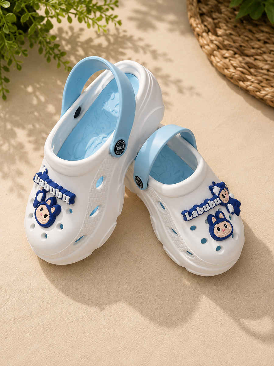 Kids Cartoon Clogs Sandals | Lightweight EVA Slip-On Clogs for Boys & Girls | White & Blue