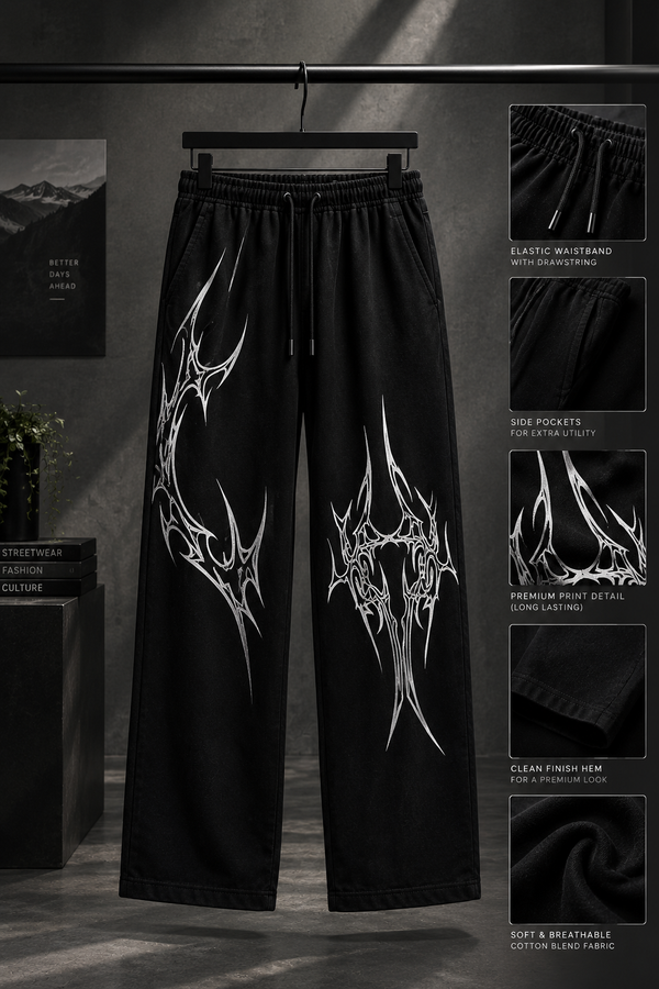 Men’s Black Graphic Baggy Track Pants | Printed Joggers | Streetwear Sweatpants