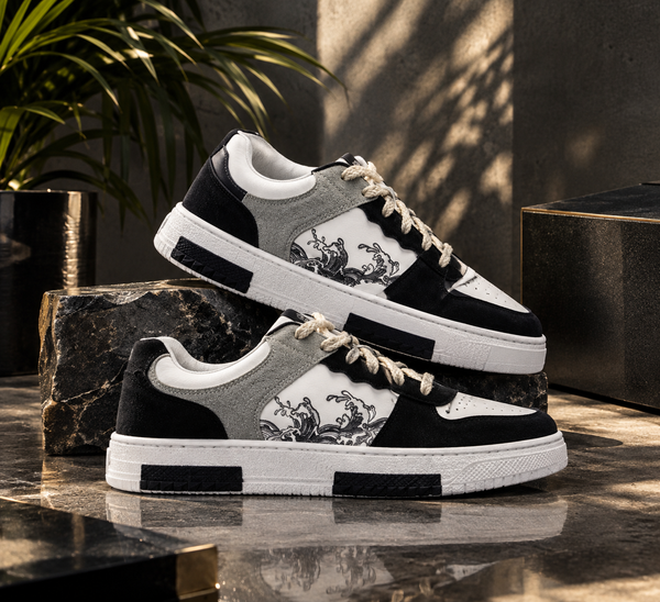 Men’s Black & Navy Printed Sneakers | Stylish Lace-Up Casual Shoes | Trendy Everyday Footwear