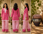 Women's Pink Heart Print Kurti & Palazzo Set with Lace Neck | Along with Stylish Bag