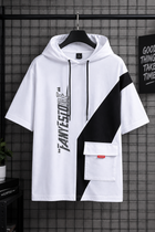 Men’s White & Black Half-Sleeve Hoodie T-Shirt