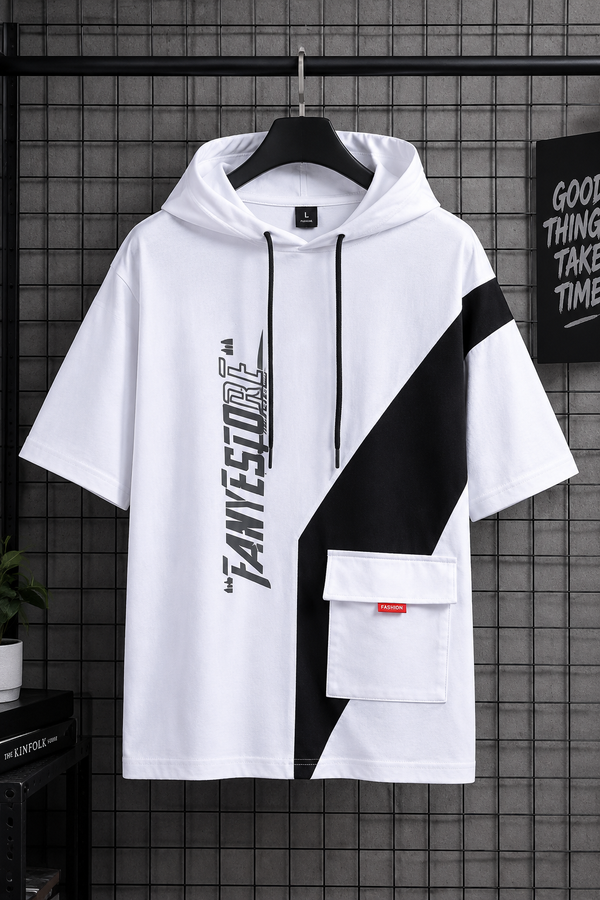 Men’s White & Black Half-Sleeve Hoodie T-Shirt