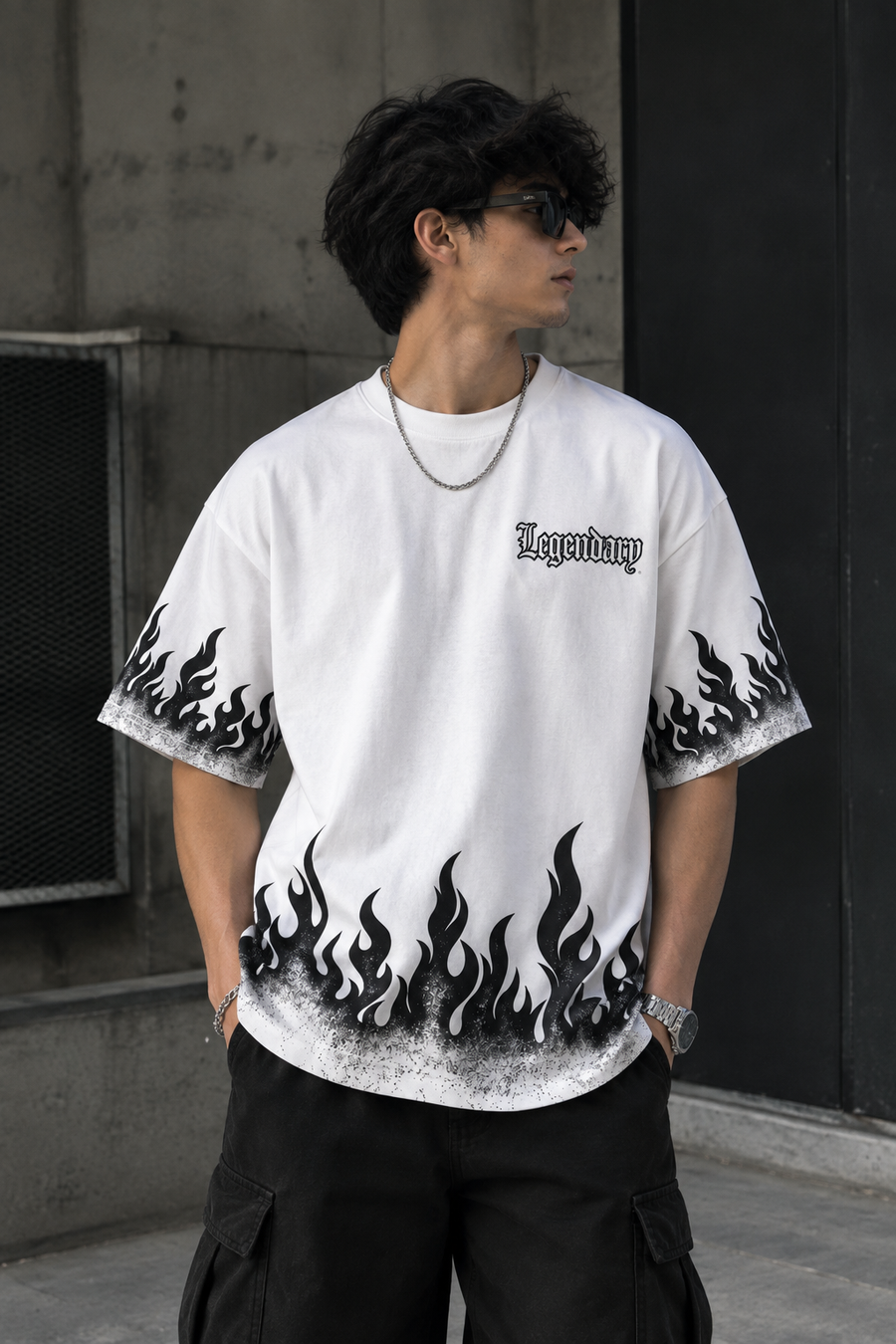 Men’s White Legendary Flame Printed Oversized T-Shirt
