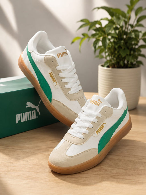 Puma White Green Casual Sneakers for Men | Premium Lifestyle Shoes | Lightweight Comfortable Sneakers