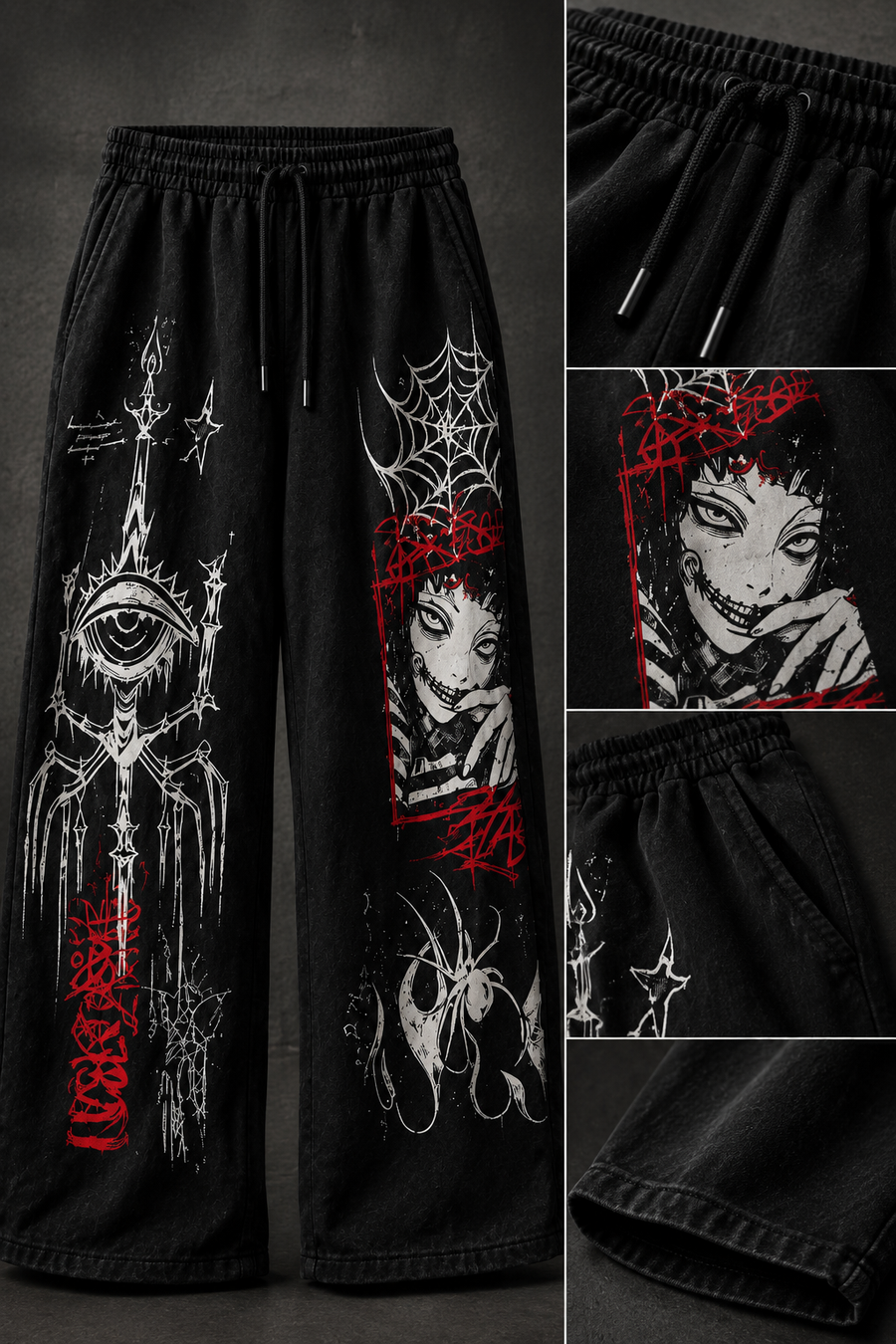 Men’s Black Graphic Baggy Joggers | Wide-Leg Track Pants | Gothic Streetwear
