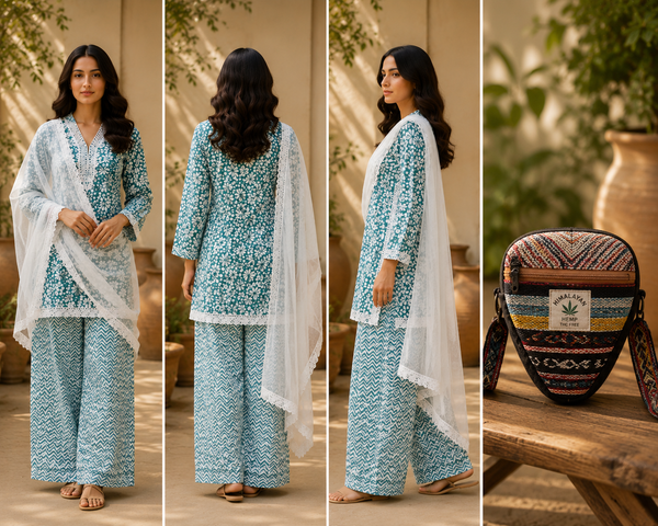 Women's Teal Floral Printed Kurta Palazzo Set with White Dupatta | Along with Bag
