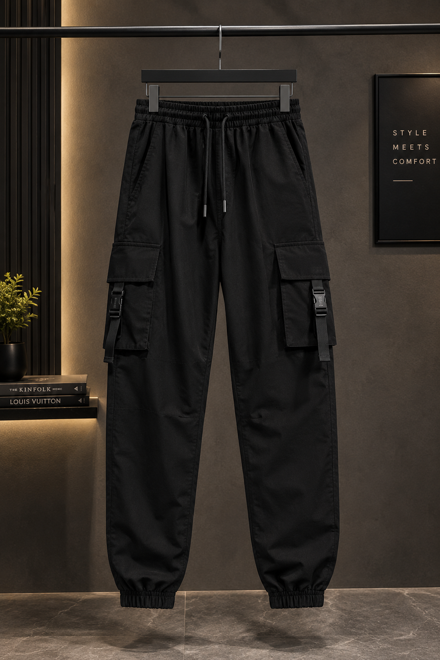 Men's Black Cargo Joggers – Elastic Waist Streetwear Pants