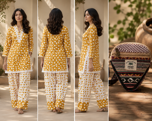 Women's Pink Heart Print Kurti & Palazzo Set with Lace Neck | Along with Stylish Bag