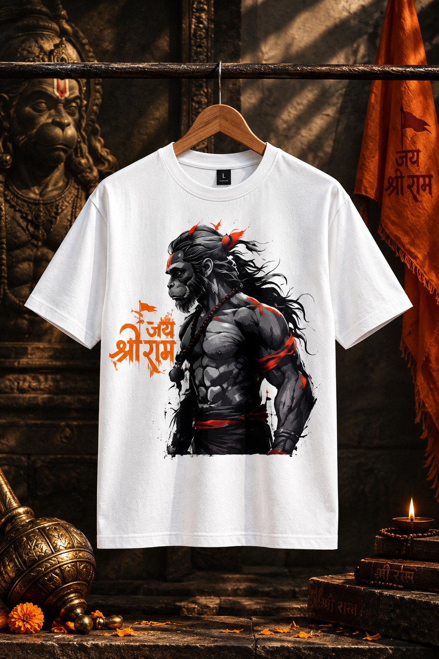 Hanuman Ji Printed T-Shirt for Men | Jai Shree Ram Lord Hanuman Graphic Tee | White Round Neck T-Shirt